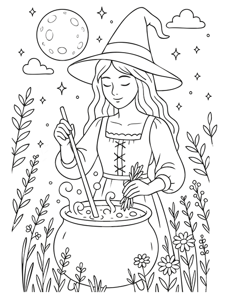 Dibujo para colorear de una bruja cocinando pociones mágicas en su caldero en Halloween