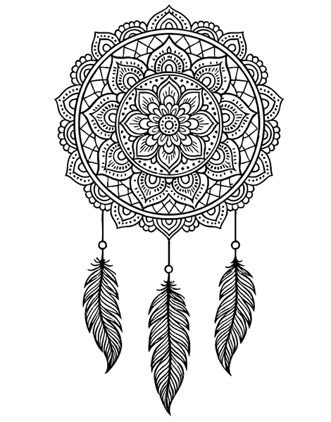 Colouring picture of a Native American-style dreamcatcher mandala