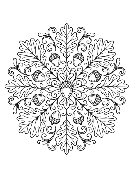 Dibujo para colorear de un precioso mandala de inspiración otoñal con bellotas
