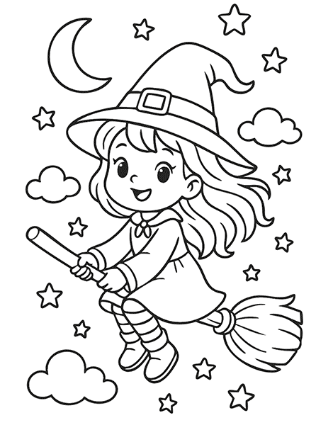 Dibujo para colorear de una brujita de Halloween volando con su escoba mágica