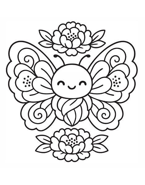 Dibujo para colorear de un mandala infantil inspirado en Asia y en las mariposas