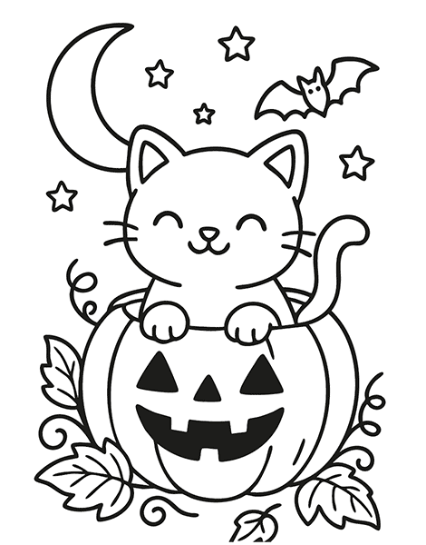 dibujo para colorear de Halloween con gato dentro de calabaza sonriente