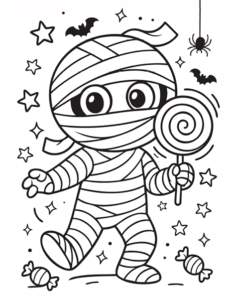Dibujo para colorear de una divertida momia con dulces y golosinas