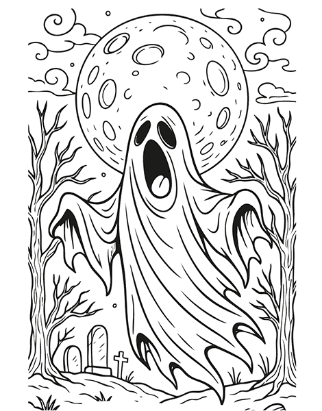 Dibujo para colorear de un terrible fantasma en un entorno lúgubre con luna llena