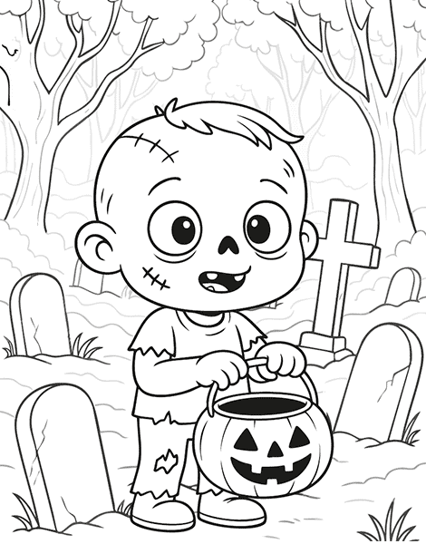 Dibujo para colorear de un niño disfrazado de Zombie en la noche de Halloween