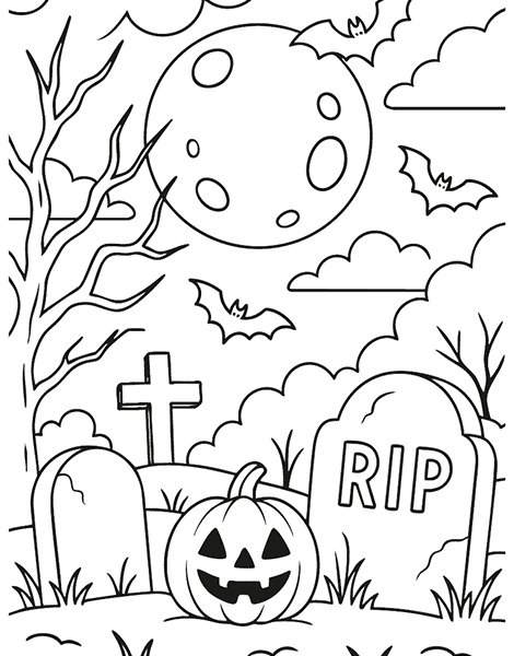 Dibujo para colorear de un cementerio en la noche de Halloween