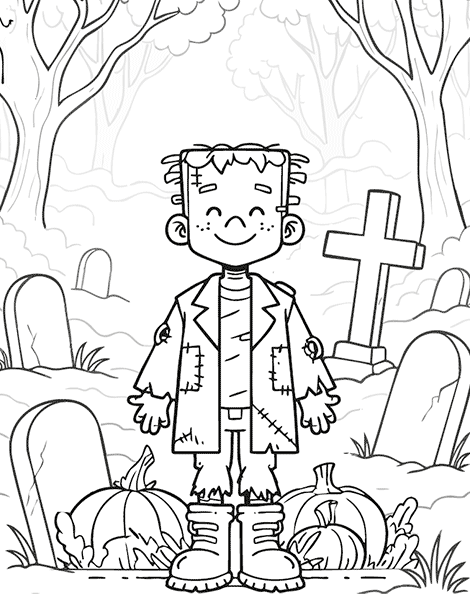 Dibujo para colorear de un niño disfrazado de Frankestein en un escenario de Halloween