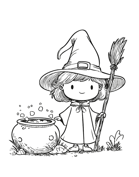 Dibujo para colorear de una pequeña brujita en Halloween