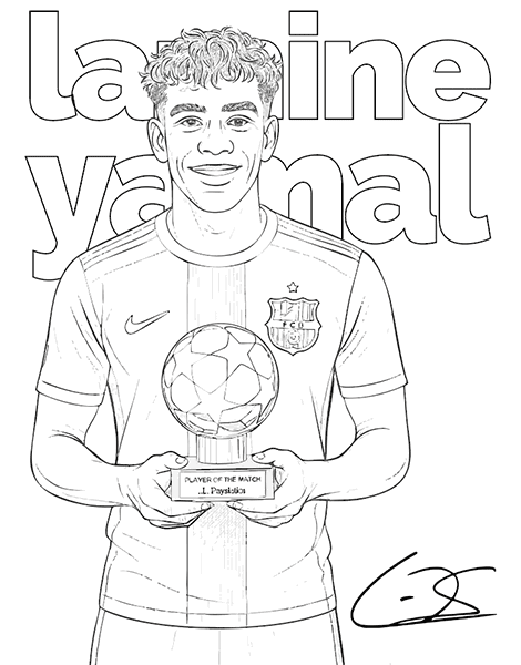 Colorea gratis el dibujo de Lamine Yamal con su trofeo a mejor jugador del partido