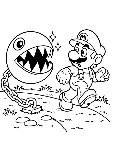 Colorea gratis al mitico Super Mario huyendo de Cian Chomp